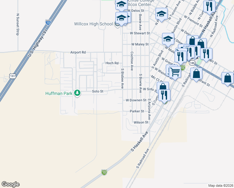 map of restaurants, bars, coffee shops, grocery stores, and more near 604 West Soto Street in Willcox