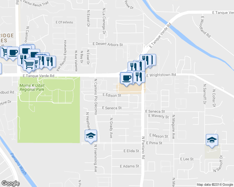 map of restaurants, bars, coffee shops, grocery stores, and more near 7725 East Edison Street in Tucson