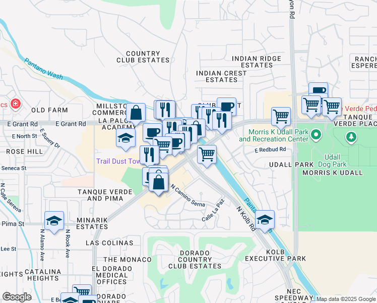 map of restaurants, bars, coffee shops, grocery stores, and more near 2513 East Tanque Verde Road in Tucson
