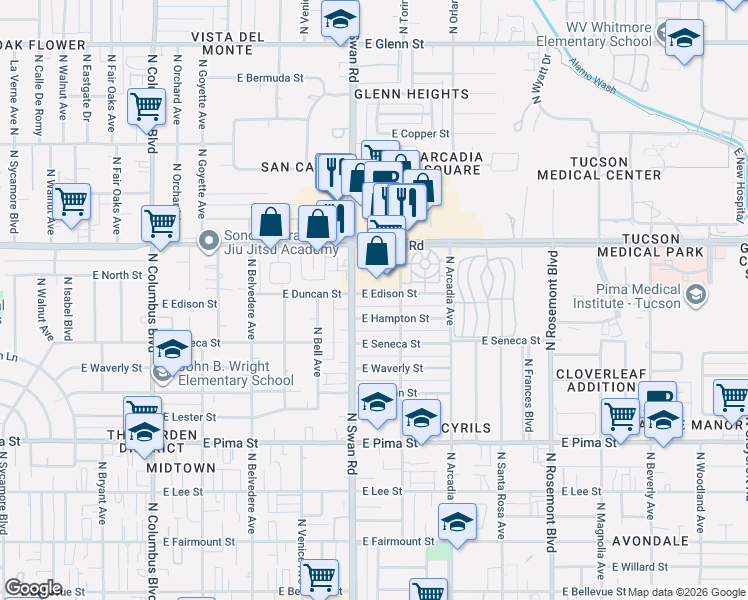 map of restaurants, bars, coffee shops, grocery stores, and more near 4720 East Edison Street in Tucson