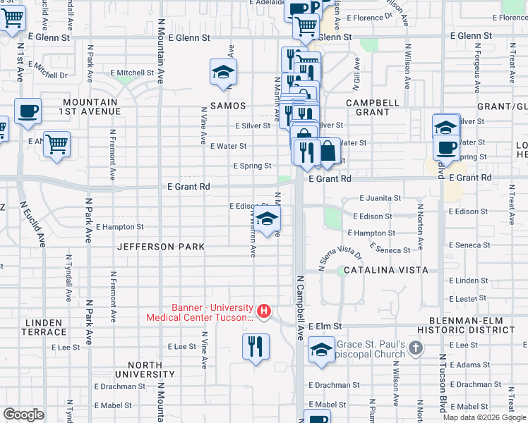 map of restaurants, bars, coffee shops, grocery stores, and more near 1726 East Edison Street in Tucson