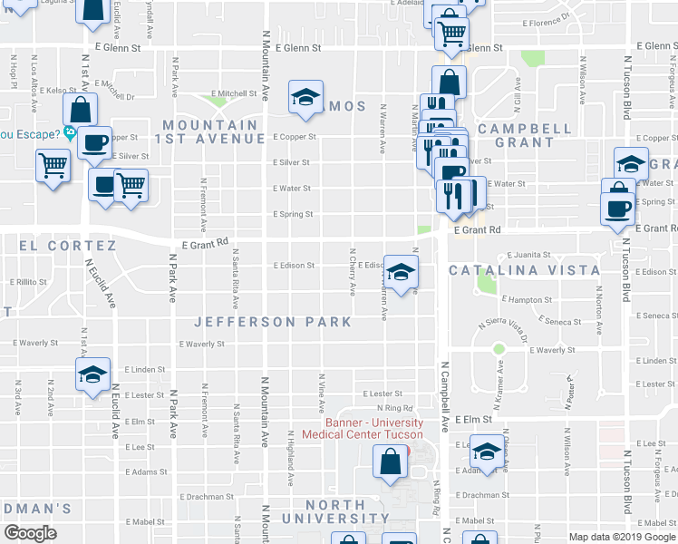 map of restaurants, bars, coffee shops, grocery stores, and more near 1532 East Edison Street in Tucson