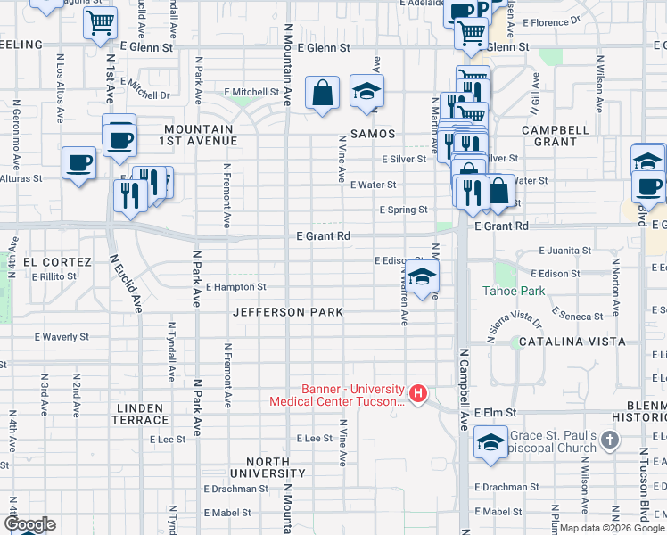 map of restaurants, bars, coffee shops, grocery stores, and more near 1436 East Edison Street in Tucson