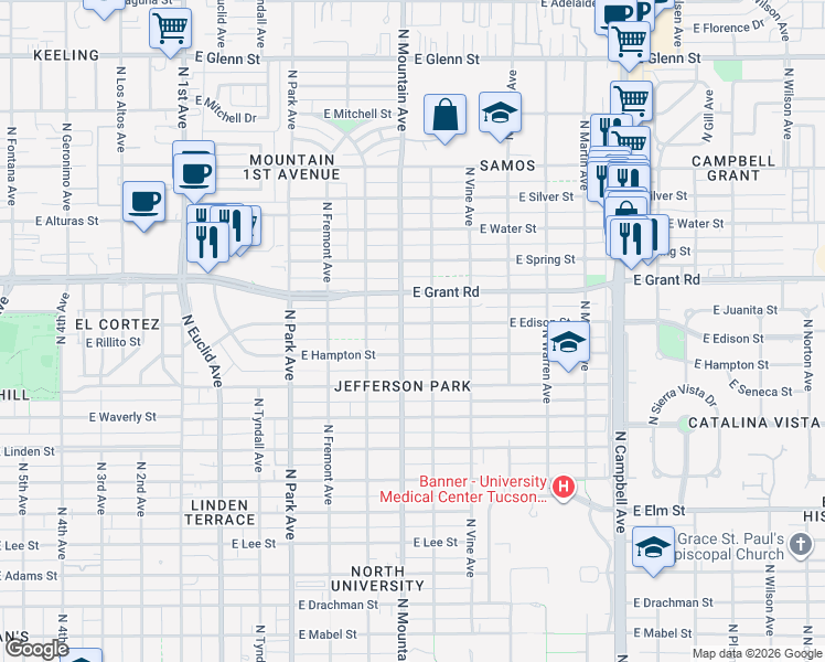 map of restaurants, bars, coffee shops, grocery stores, and more near 1324 East Edison Street in Tucson