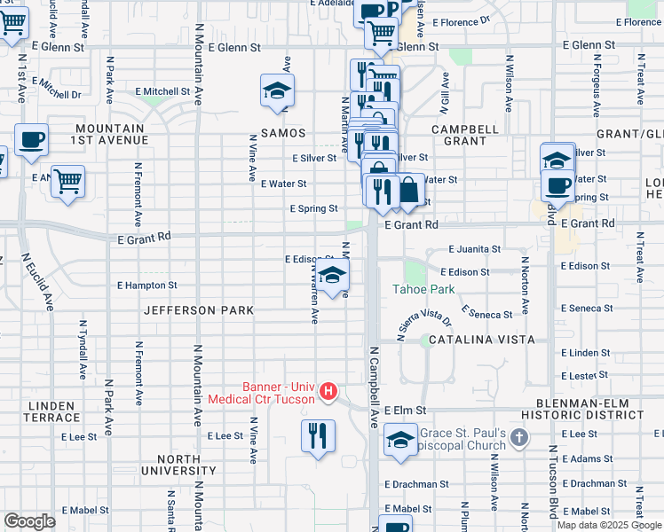 map of restaurants, bars, coffee shops, grocery stores, and more near 1726 E Edison St in Tucson