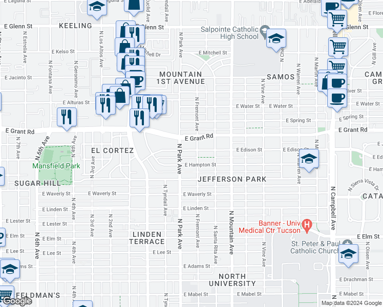 map of restaurants, bars, coffee shops, grocery stores, and more near 1040 East Edison Street in Tucson