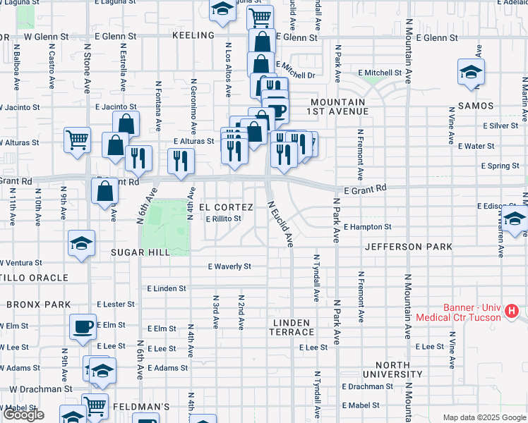 map of restaurants, bars, coffee shops, grocery stores, and more near 2245 North 1st Avenue in Tucson