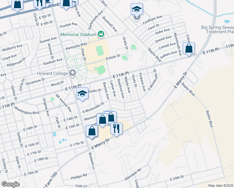 map of restaurants, bars, coffee shops, grocery stores, and more near 1201-1315 Lamar Ave in Big Spring