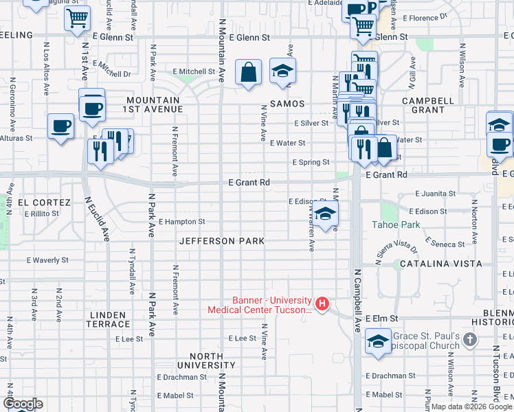 map of restaurants, bars, coffee shops, grocery stores, and more near 1436 East Edison Street in Tucson