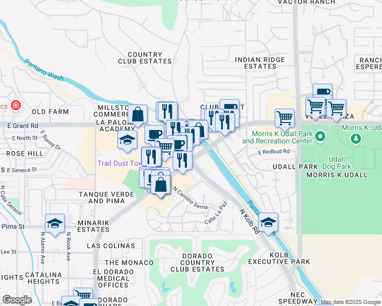 map of restaurants, bars, coffee shops, grocery stores, and more near 6675 East Grant Road in Tucson