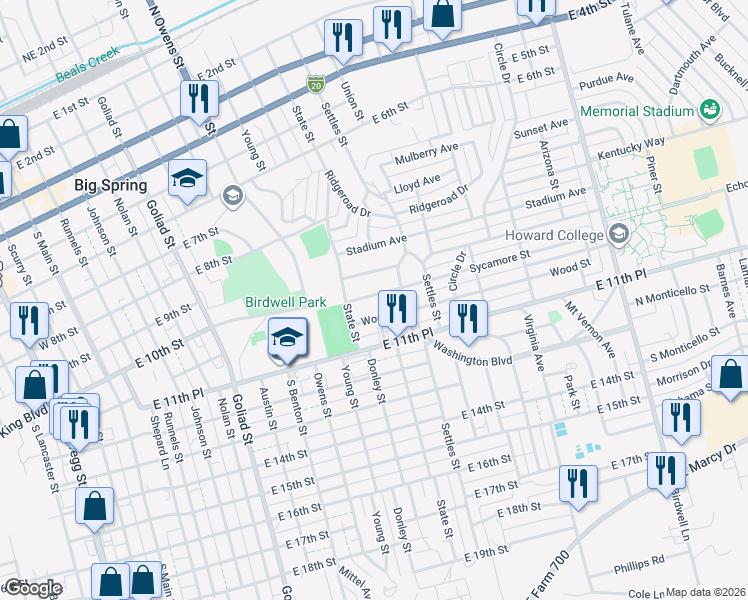 map of restaurants, bars, coffee shops, grocery stores, and more near 1000-1198 Sycamore Street in Big Spring