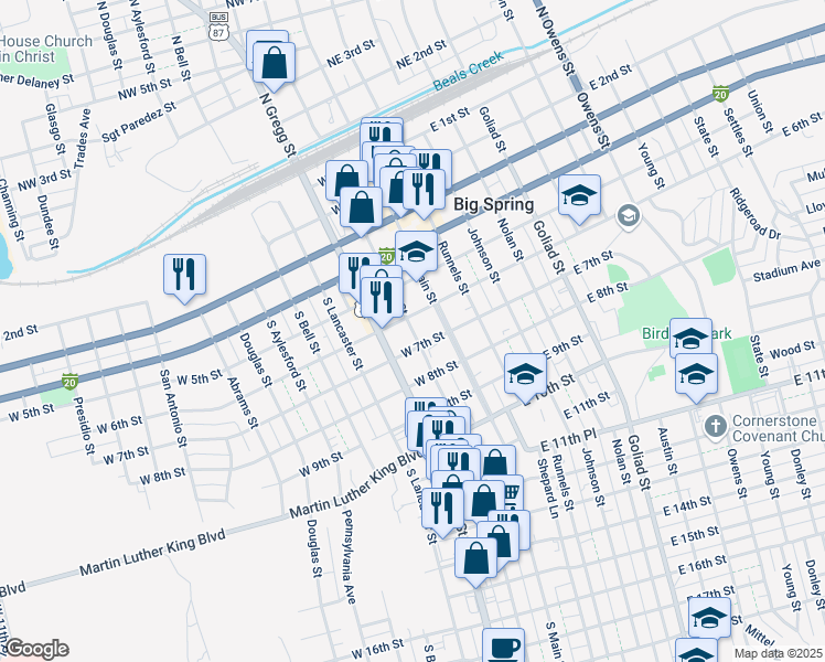 map of restaurants, bars, coffee shops, grocery stores, and more near 606 Scurry Street in Big Spring