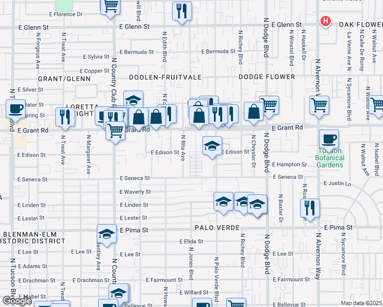 map of restaurants, bars, coffee shops, grocery stores, and more near 3433 E Seneca St in Tucson
