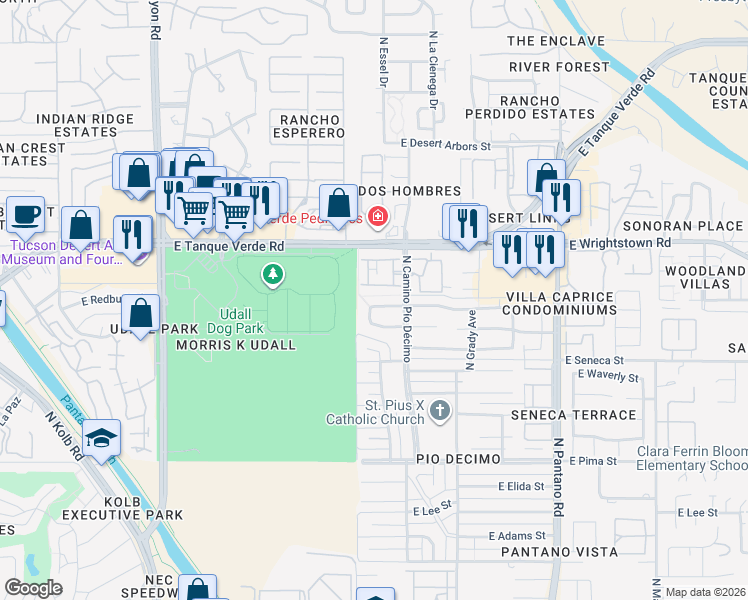map of restaurants, bars, coffee shops, grocery stores, and more near 7500 East Hampton Place in Tucson