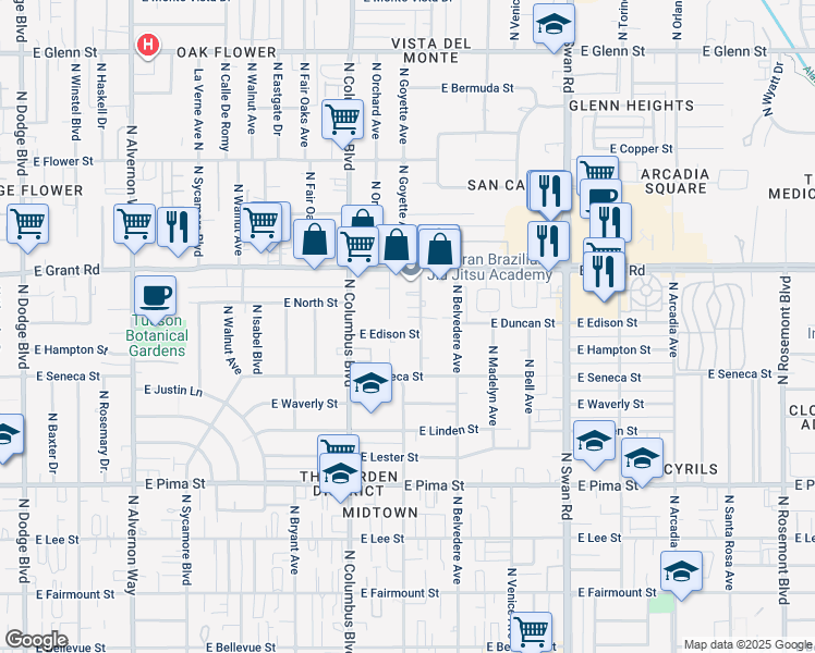 map of restaurants, bars, coffee shops, grocery stores, and more near 4349 East Edison Street in Tucson