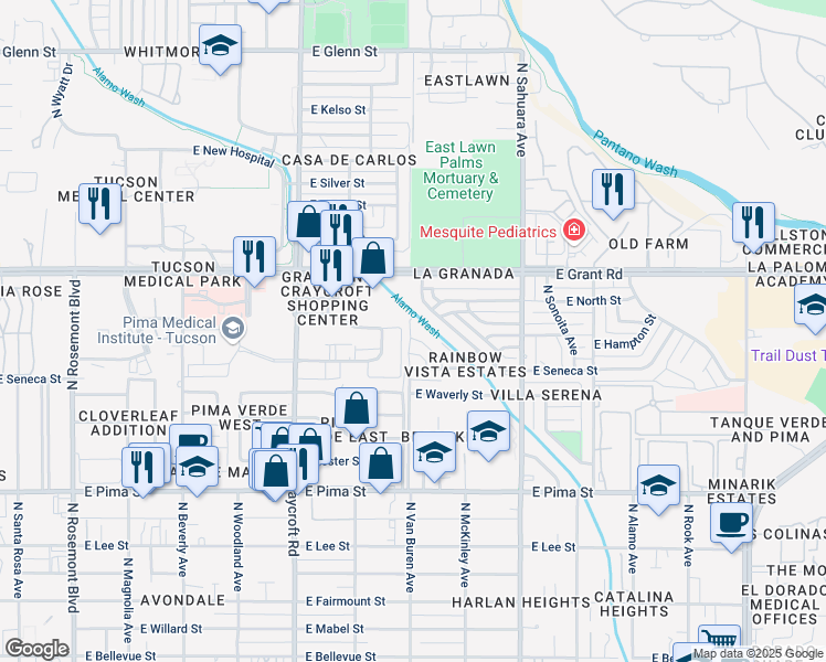 map of restaurants, bars, coffee shops, grocery stores, and more near 2232 North Frannea Drive in Tucson