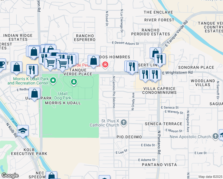 map of restaurants, bars, coffee shops, grocery stores, and more near 7555 East Edison Street in Tucson