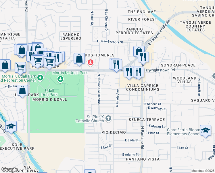 map of restaurants, bars, coffee shops, grocery stores, and more near 7641 East Edison Street in Tucson