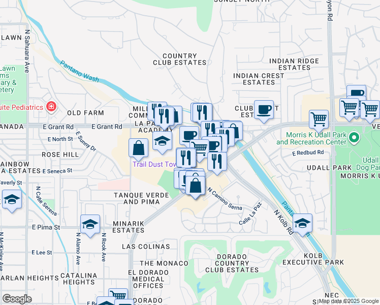 map of restaurants, bars, coffee shops, grocery stores, and more near 6500 East Grant Road in Tucson