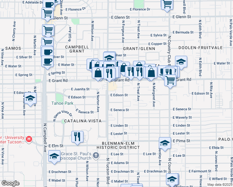 map of restaurants, bars, coffee shops, grocery stores, and more near 2531 East Edison Street in Tucson