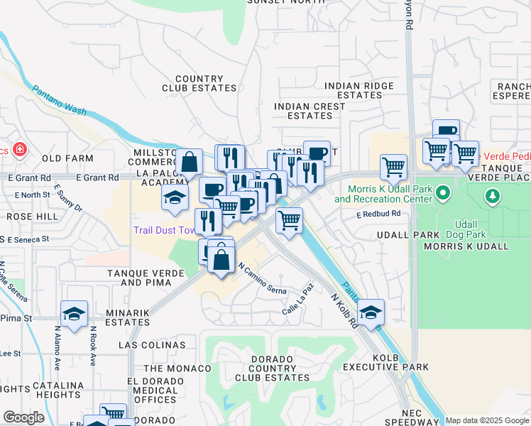 map of restaurants, bars, coffee shops, grocery stores, and more near 6675 East Grant Road in Tucson