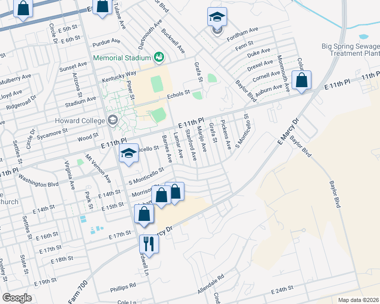 map of restaurants, bars, coffee shops, grocery stores, and more near 1201-1315 Lamar Ave in Big Spring
