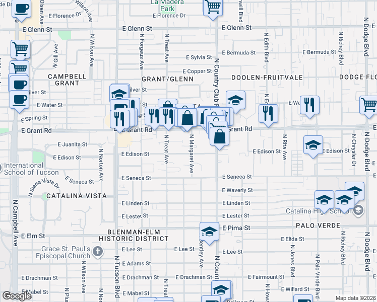 map of restaurants, bars, coffee shops, grocery stores, and more near 2201 North Margaret Avenue in Tucson