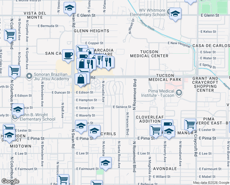 map of restaurants, bars, coffee shops, grocery stores, and more near 21 Farwest Drive in Tucson