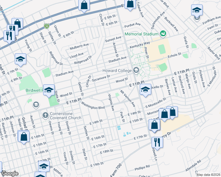 map of restaurants, bars, coffee shops, grocery stores, and more near 1477 East 11th Place in Big Spring