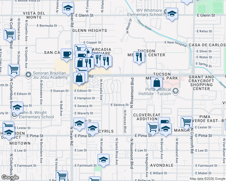 map of restaurants, bars, coffee shops, grocery stores, and more near 5000 East Grant Road in Tucson