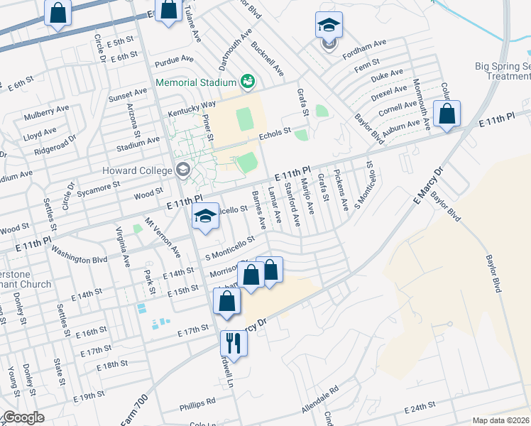 map of restaurants, bars, coffee shops, grocery stores, and more near 1202-1306 Barnes Avenue in Big Spring