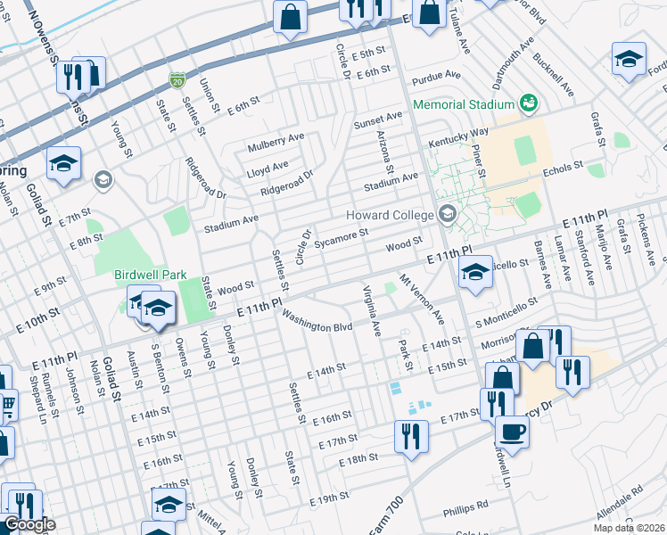 map of restaurants, bars, coffee shops, grocery stores, and more near 1319 East 11th Place in Big Spring