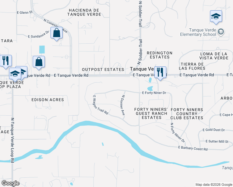 map of restaurants, bars, coffee shops, grocery stores, and more near 11827 Custer Place in Tucson