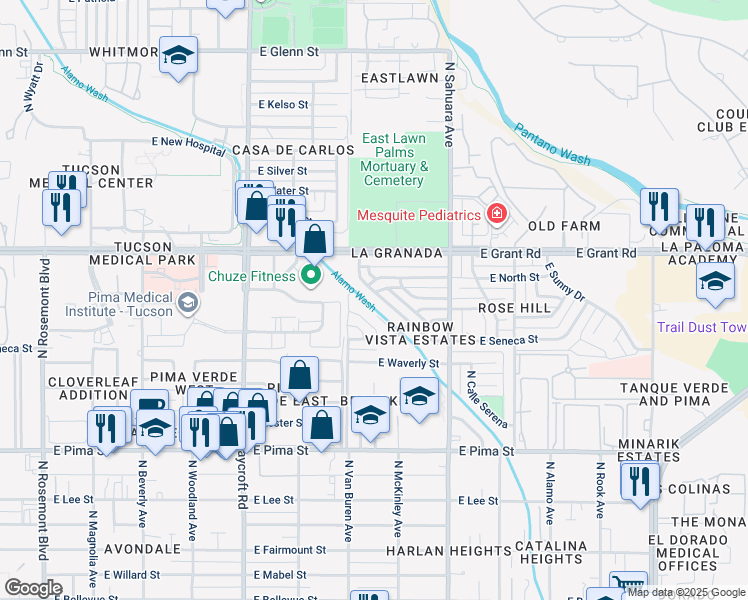 map of restaurants, bars, coffee shops, grocery stores, and more near 2241 North Rainbow Vista Drive in Tucson