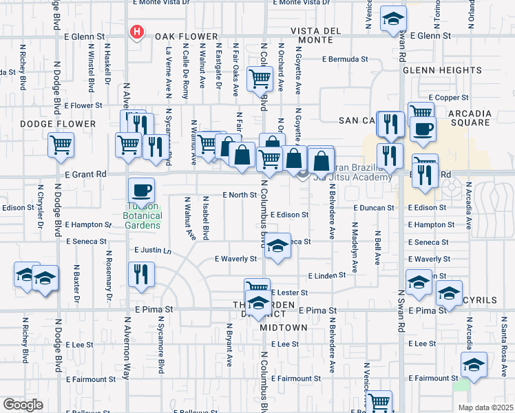 map of restaurants, bars, coffee shops, grocery stores, and more near 4301 East Edison Street in Tucson
