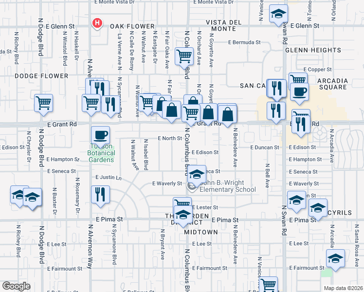 map of restaurants, bars, coffee shops, grocery stores, and more near 2231 North Columbus Boulevard in Tucson