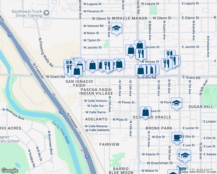 map of restaurants, bars, coffee shops, grocery stores, and more near 630 West Rillito Street in Tucson