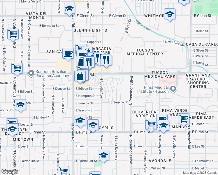map of restaurants, bars, coffee shops, grocery stores, and more near 5000 East Grant Road in Tucson