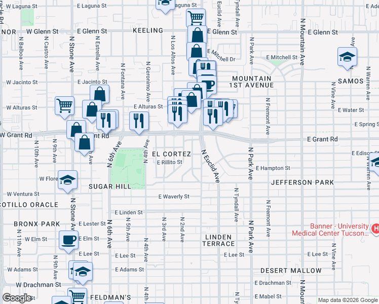 map of restaurants, bars, coffee shops, grocery stores, and more near 2250 North Flores Drive in Tucson