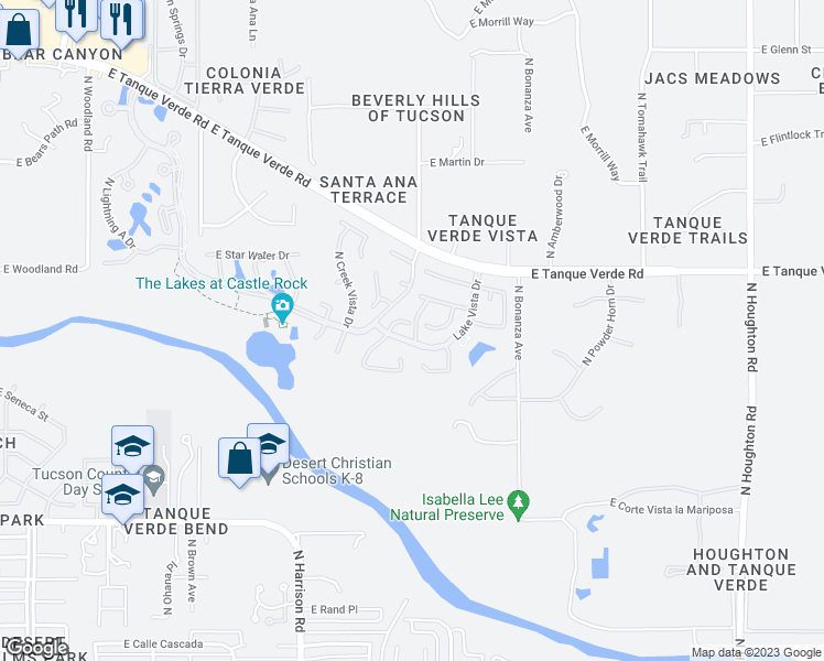 map of restaurants, bars, coffee shops, grocery stores, and more near 2292 North Split Rock Place in Tucson