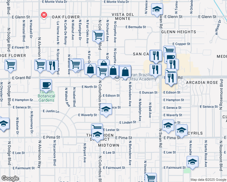 map of restaurants, bars, coffee shops, grocery stores, and more near 4349 East Edison Street in Tucson
