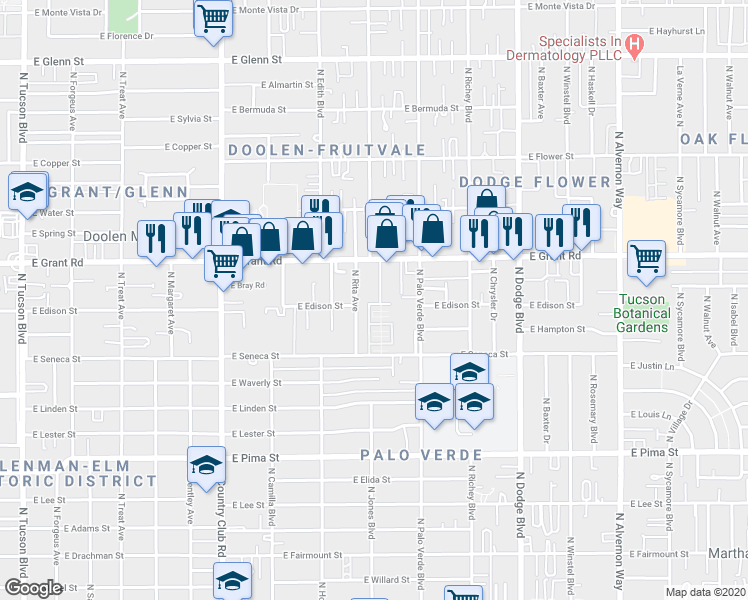 map of restaurants, bars, coffee shops, grocery stores, and more near 3433 East Seneca Street in Tucson