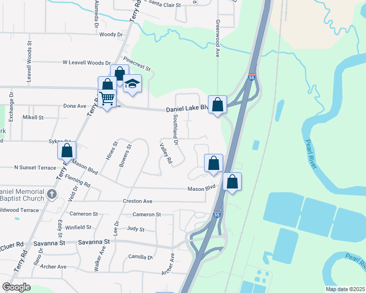 map of restaurants, bars, coffee shops, grocery stores, and more near 3645 Southland Drive in Jackson