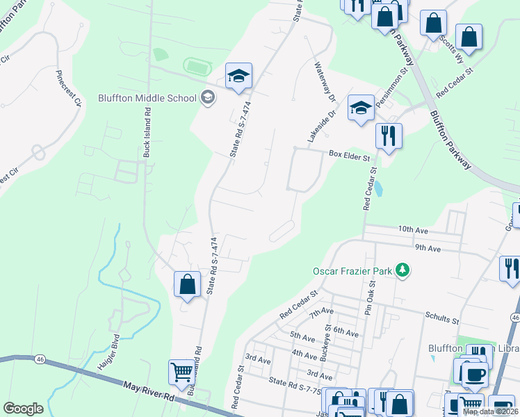 map of restaurants, bars, coffee shops, grocery stores, and more near 5 Friendship Lane in Bluffton