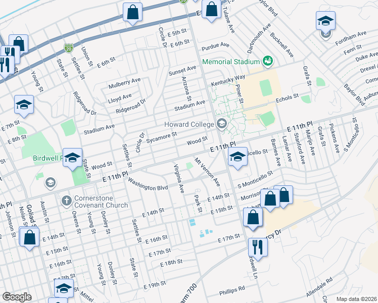 map of restaurants, bars, coffee shops, grocery stores, and more near 1500-1550 E 11th Pl in Big Spring