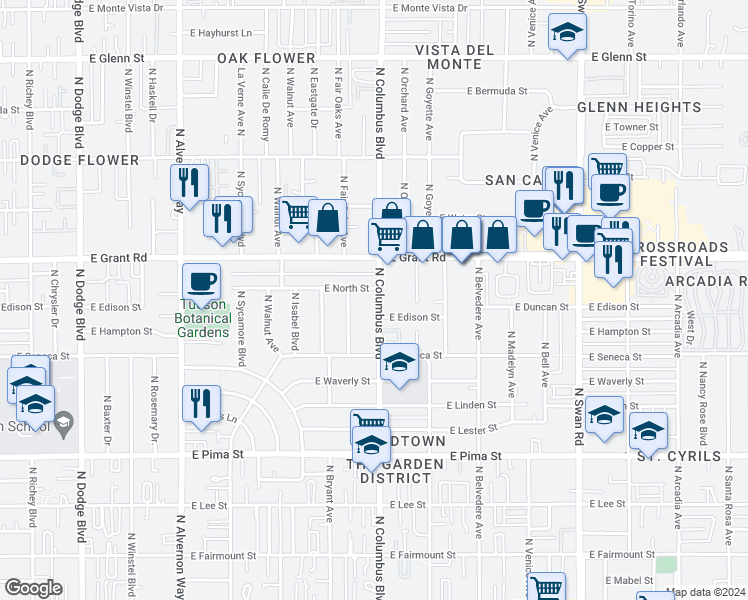 map of restaurants, bars, coffee shops, grocery stores, and more near 4301 East Edison Street in Tucson