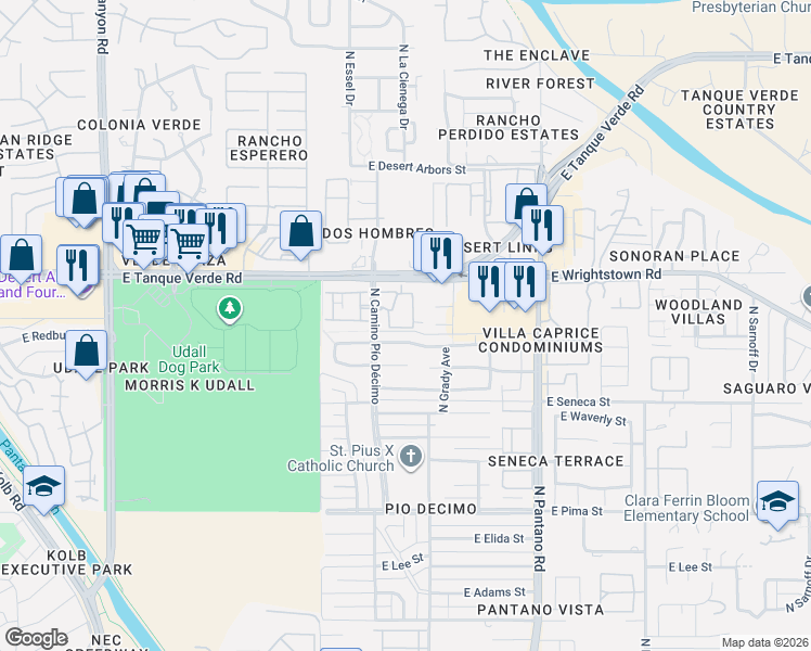map of restaurants, bars, coffee shops, grocery stores, and more near 7641 East Edison Street in Tucson