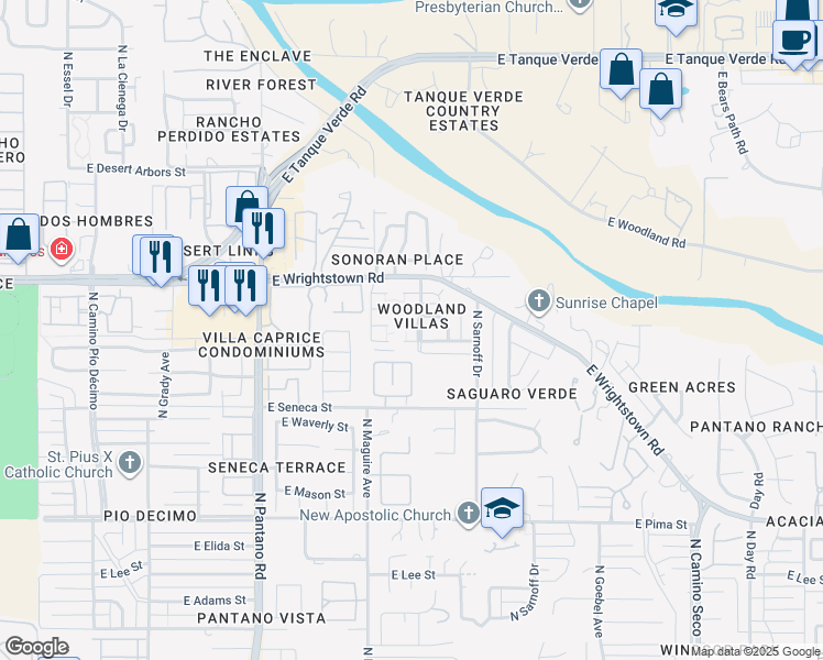 map of restaurants, bars, coffee shops, grocery stores, and more near 8142 East Rivenoak Drive in Tucson