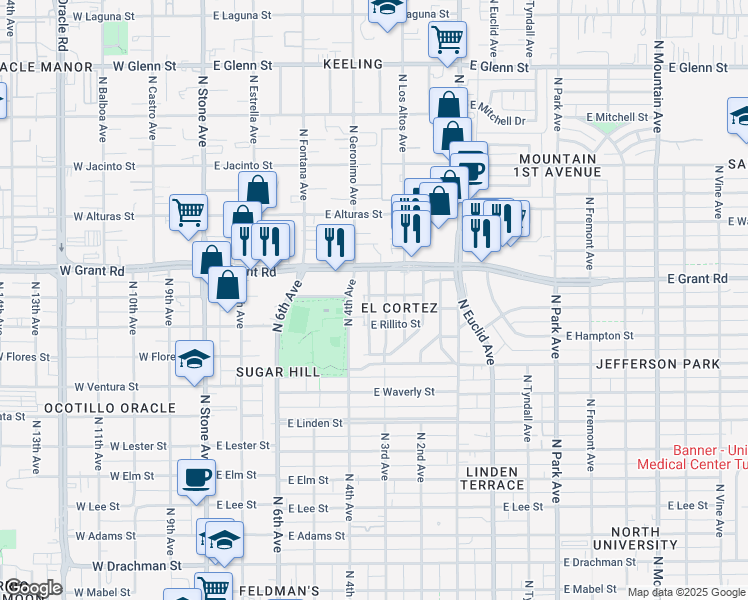 map of restaurants, bars, coffee shops, grocery stores, and more near 2224 North 3rd Avenue in Tucson