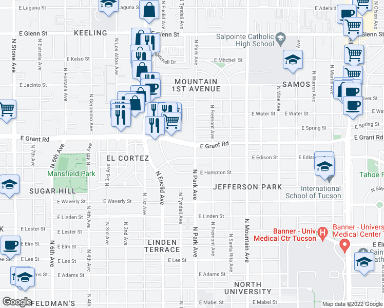 map of restaurants, bars, coffee shops, grocery stores, and more near 973 East Edison Street in Tucson